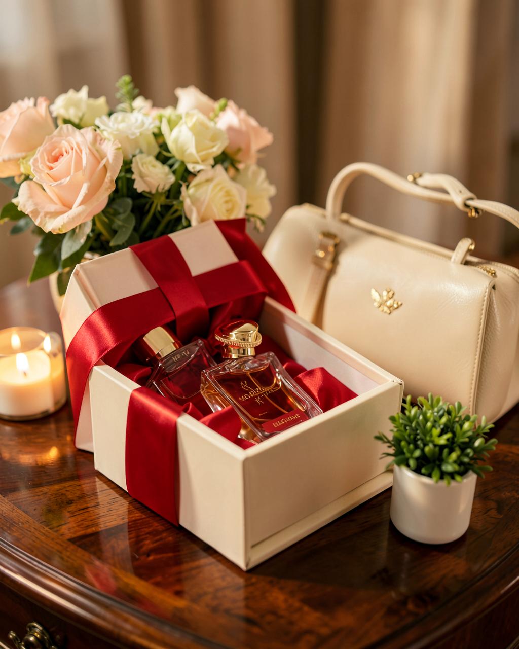Luxury gift box with perfume, flowers and a handbag on a warm wooden table