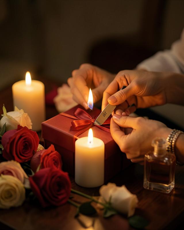 Candlelit gift arrangement with roses and perfume